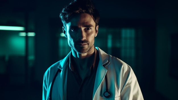 A man in a white coat stands in a dark room with a blue light behind him