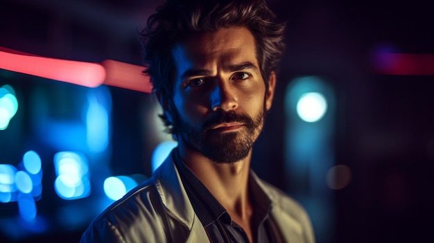 A man in a white coat stands in a dark room with a blue light behind him