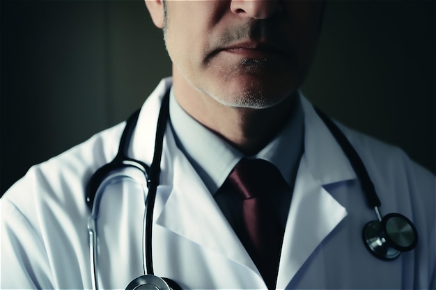 A man in a white coat with a stethoscope on his neck stands in a dark room.