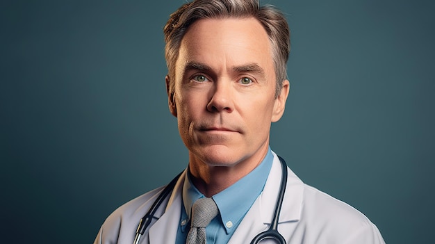 A man in a white doctor's coat stands in front of a blue background.