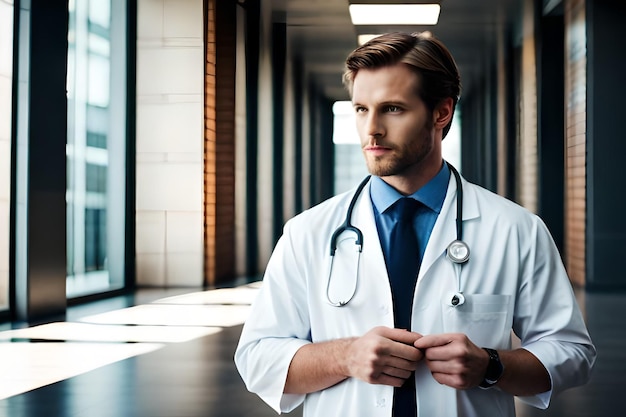 A man in a white doctor's coat stands in a hallway with a large window that says'doctor '