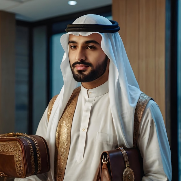 a man in a white and gold sari holds a brown bag