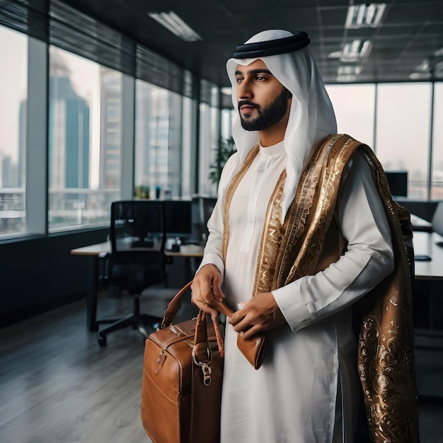 a man in a white and gold sari holds a brown bag