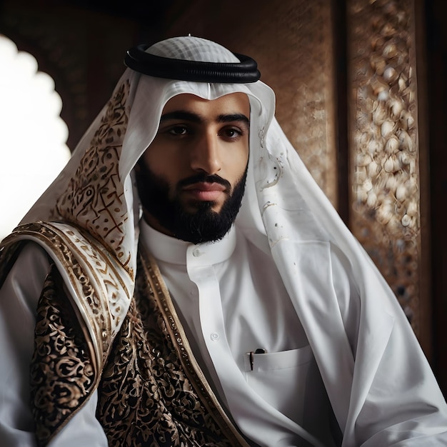 a man in a white and gold shirt is sitting in a room