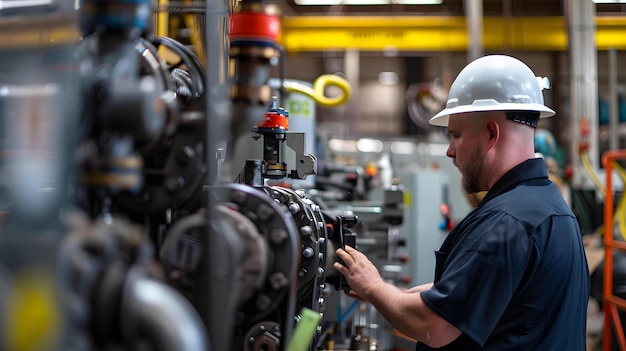 a man in a white hard hat is looking at a machine that says  no