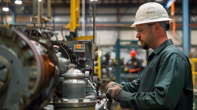 a man in a white hard hat is working in a factory