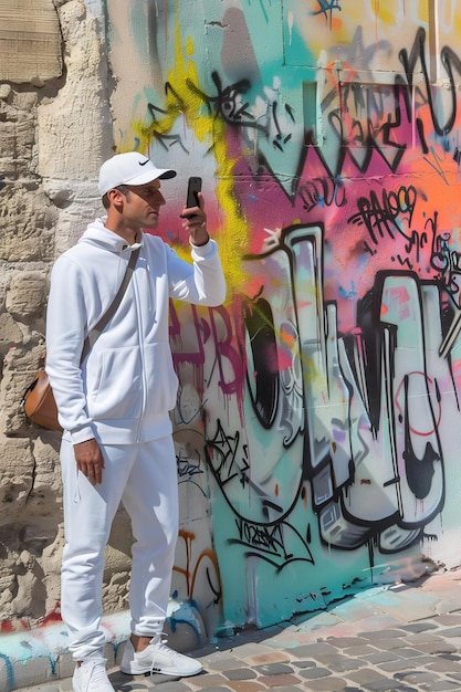 Photo a man in a white hat is standing in front of a graffiti wall