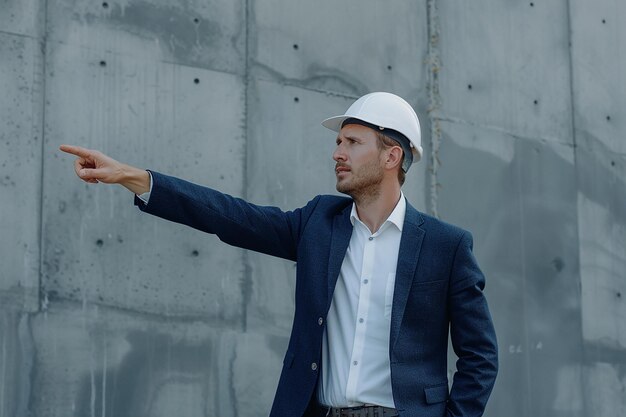 a man in a white helmet pointing to something