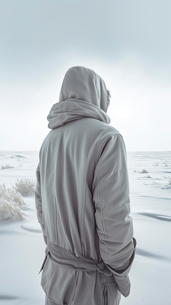 A man in a white hoodie is walking along the white snowy desert hiding his face and fluttering in the cold winter wind generat ai