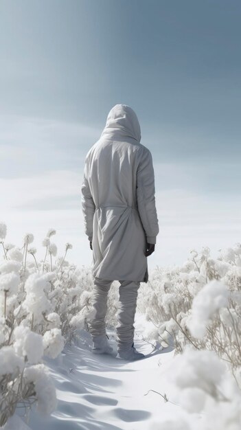 A man in a white hoodie is walking along the white snowy desert hiding his face and fluttering in the cold winter wind generat ai