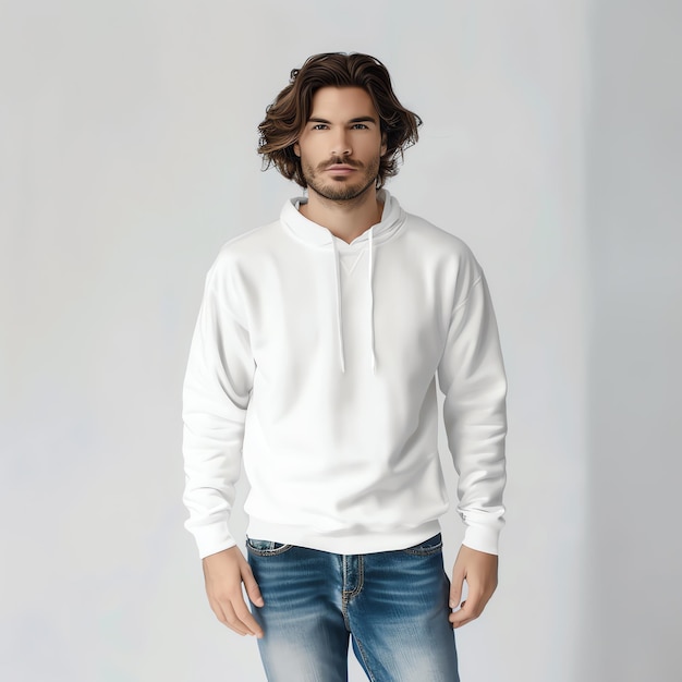 Photo a man in a white hoodie stands in front of a white background