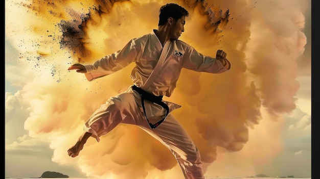 A man in a white karate uniform is jumping in the air with a cloud of dust