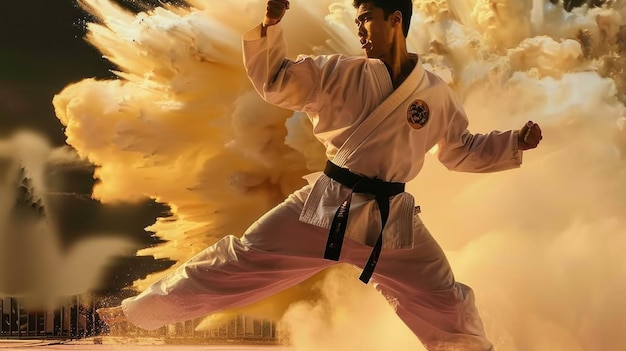 A man in a white karate uniform is jumping in the air with a cloud of dust