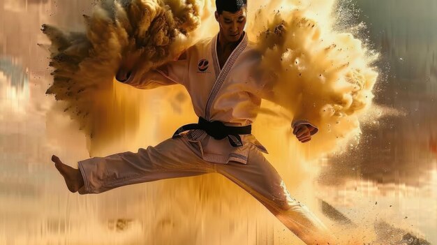 A man in a white karate uniform is jumping in the air with a cloud of dust