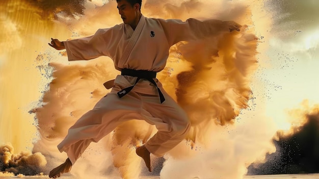 A man in a white karate uniform is jumping in the air with a cloud of dust