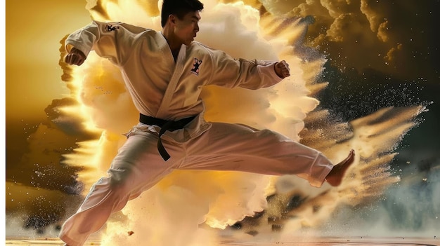 A man in a white karate uniform is jumping in the air with a cloud of dust