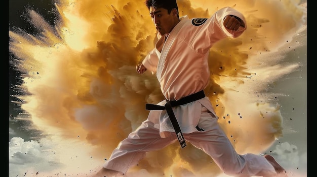 A man in a white karate uniform is jumping in the air with a cloud of dust