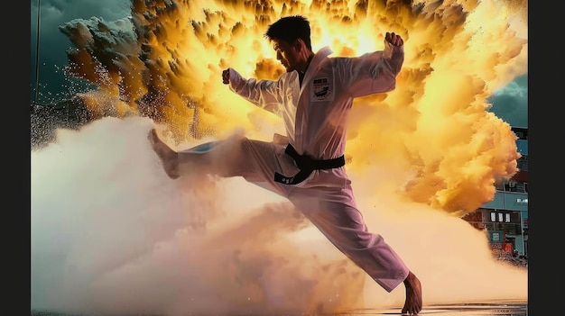 A man in a white karate uniform is jumping in the air with a cloud of dust