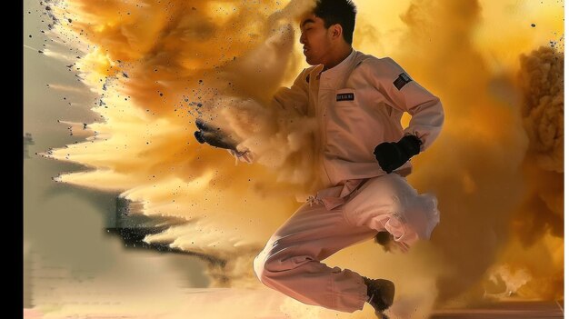 A man in a white karate uniform is jumping in the air with a cloud of dust