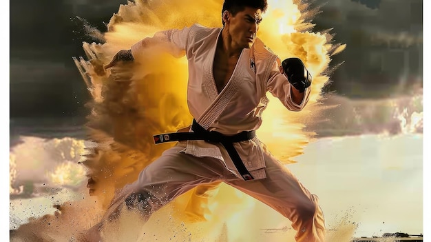 A man in a white karate uniform is jumping in the air with a cloud of dust