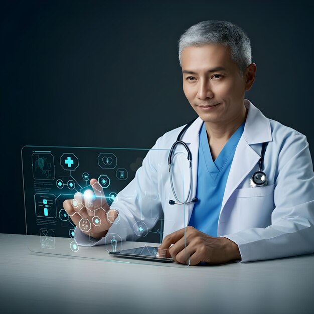 a man in a white lab coat is holding a green object with the word medical on it