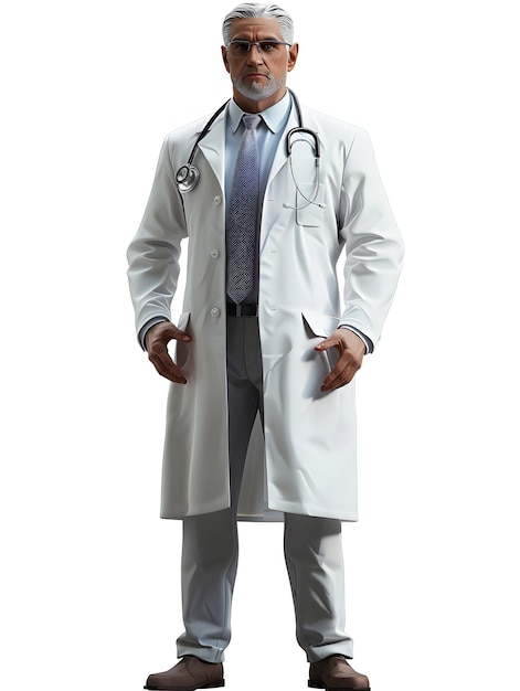 a man in a white lab coat is standing in front of a white background