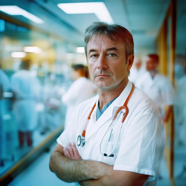 Photo a man in a white lab coat standing in a hospital hallway