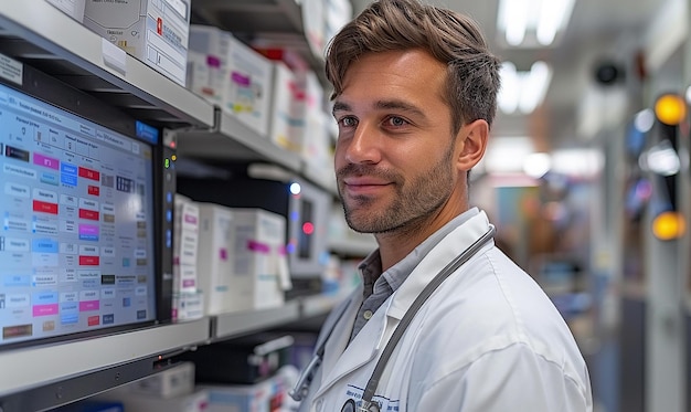 Photo a man in a white lab coat stands in front of boxes of electronics