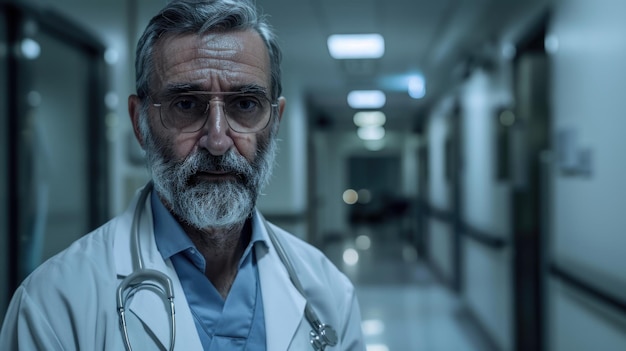 A man in a white lab coat stands in a hallway with his head down