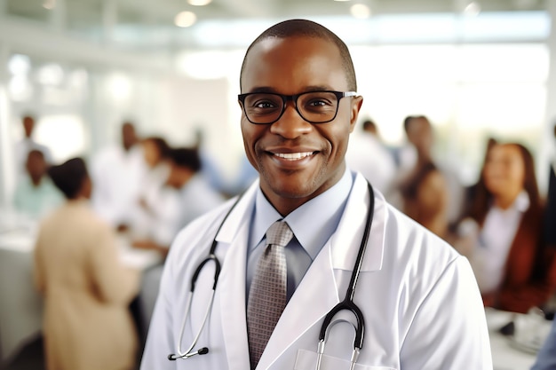 A man in a white lab coat stands in a meeting with other people.