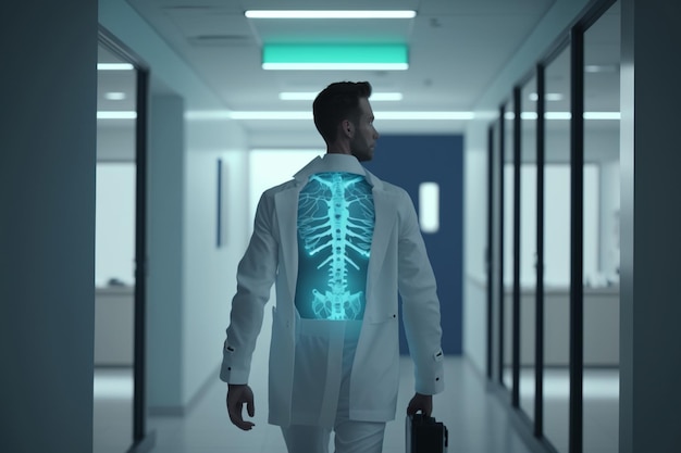 A man in a white lab coat walks through a hallway with a skeleton back.