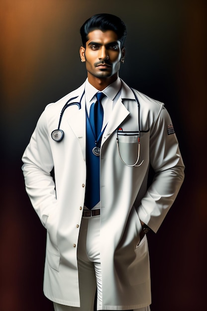 A man in a white lab coat with a stethoscope on his neck stands in a dark room.