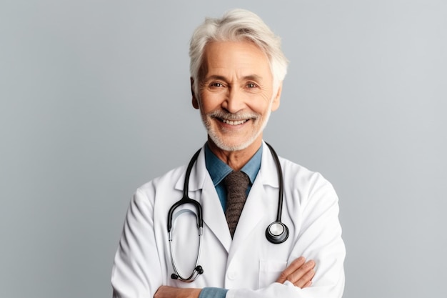 A man in a white lab coat with a stethoscope on his neck stands with his arms crossed.