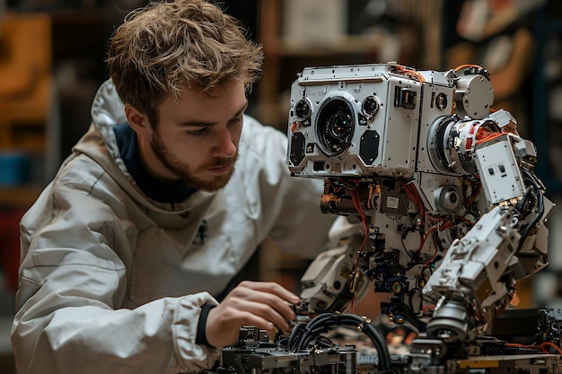 Photo a man in a white lab coat works on a robotic arm adjusting wires and cables