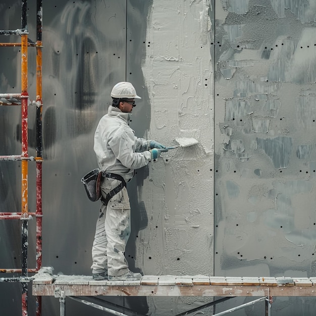 a man in a white protective suit is working on a construction site