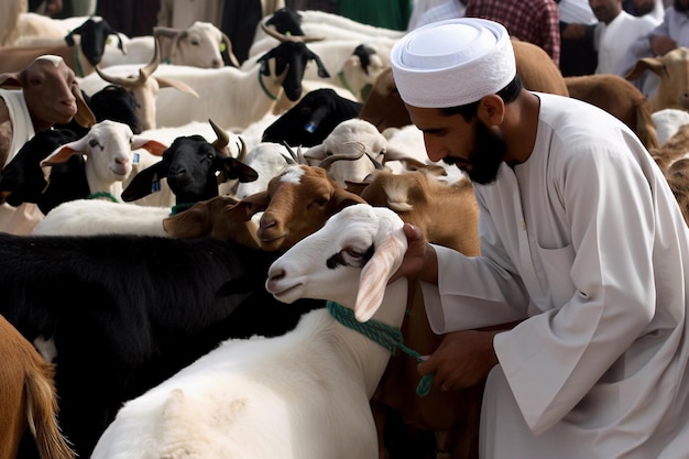 A man in a white robe is petting a goat.