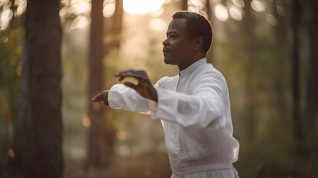 A man in a white robe is practicing martial arts in the forest.