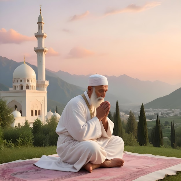 a man in a white robe is praying in front of a mosque