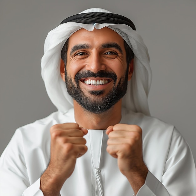 A man in a white robe is smiling and holding his fist up