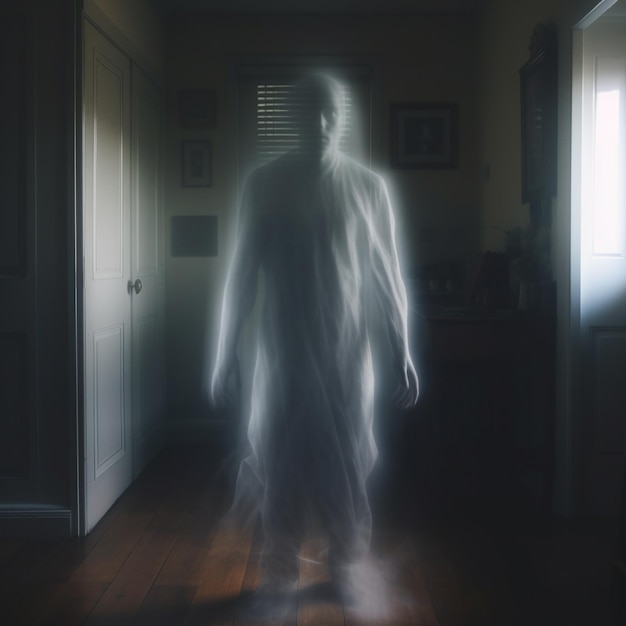 a man in a white robe stands in a dark room