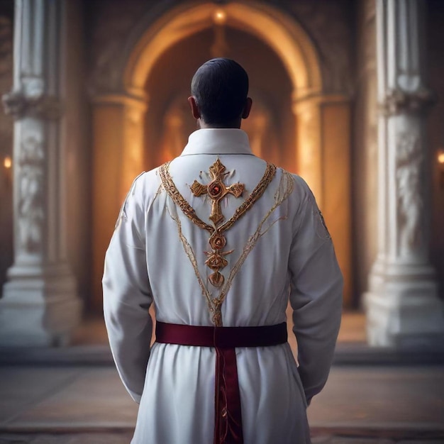 Photo a man in a white robe stands in front of a building with a gold cross on the back