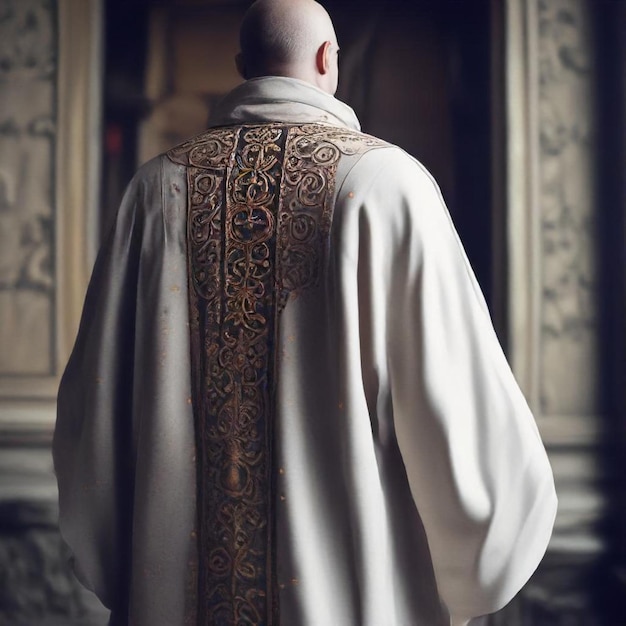 a man in a white robe stands in front of a large painting