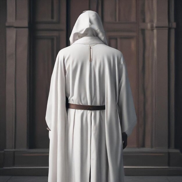 a man in a white robe stands in front of a large wooden door