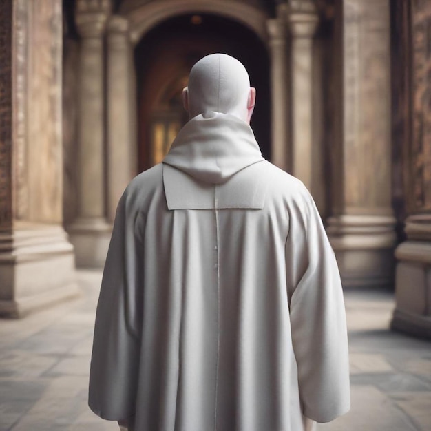 a man in a white robe stands in a hall with a man in a white robe