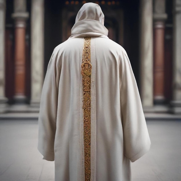 a man in a white robe stands in a hall