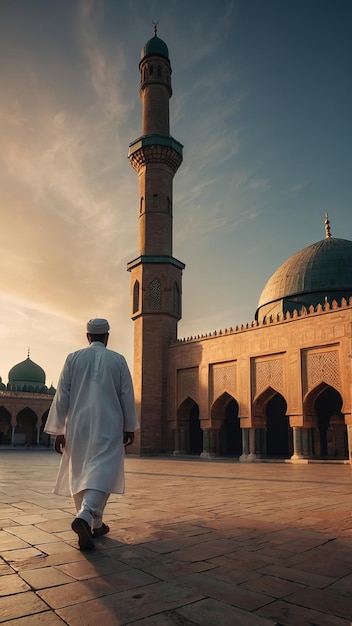 a man in a white robe walks towards a mosque with a blue mosque in the background