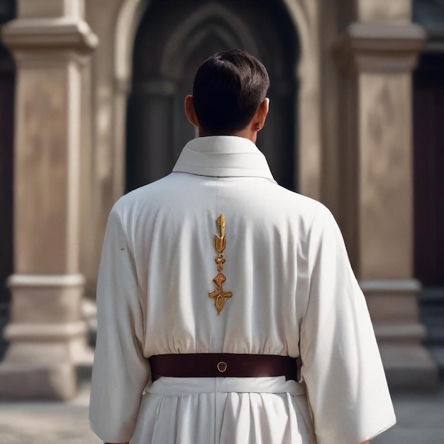 a man in a white robe with a gold dragon on the front