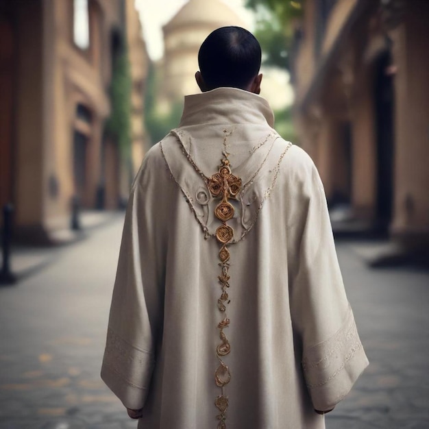 Photo a man in a white robe with a gold medallion on the back