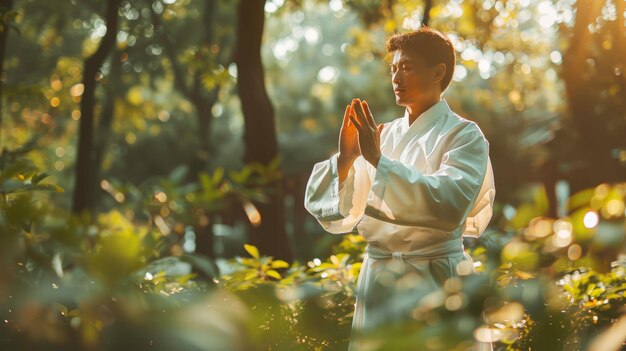 Man in White Robes Practicing Qigong Meditation in a Sunlit Forest Spiritual Awakening