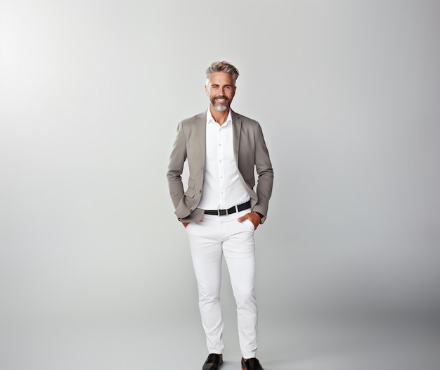 a man in a white shirt and black shoes stands in front of a gray background